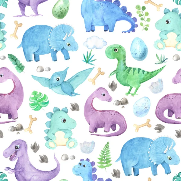 Sömlöst mönster med akvarell Dinosaurier — Stockfoto