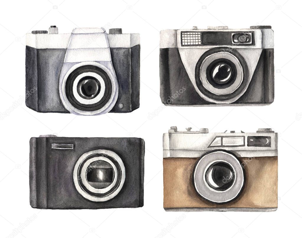 Watercolor vintage photo cameras set