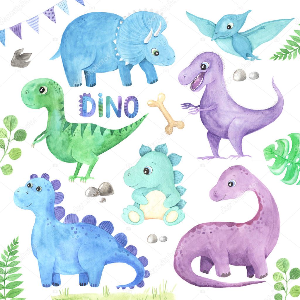  Watercolor hand painted cute Dinosaurs