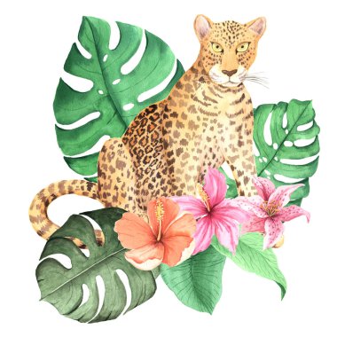 Tropik çiçekli ve yapraklı suluboya vahşi leopar hayvan