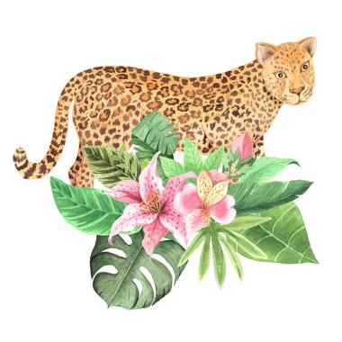 Tropik çiçekli ve yapraklı suluboya vahşi leopar hayvan