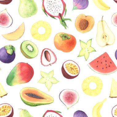 Seamless pattern with hand painted watercolor exotic summer frui