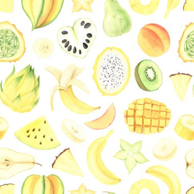 Seamless pattern with hand painted watercolor exotic summer frui