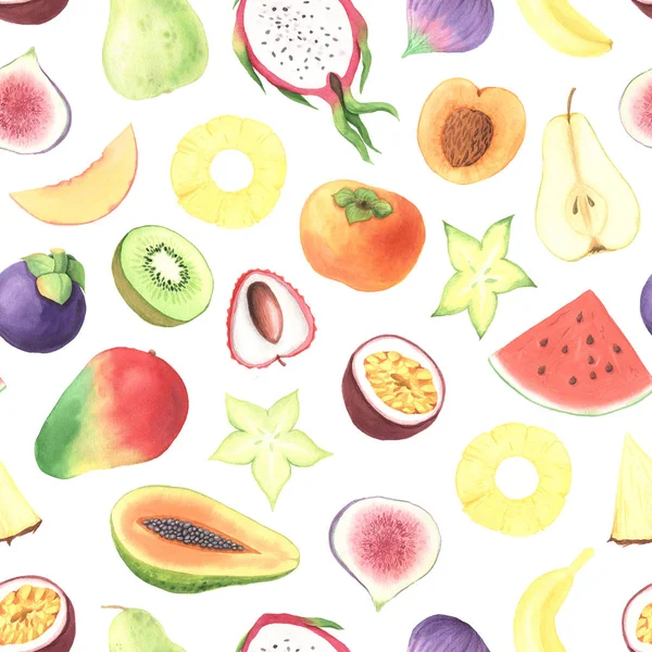 Seamless pattern with hand painted watercolor exotic summer frui — Zdjęcie stockowe