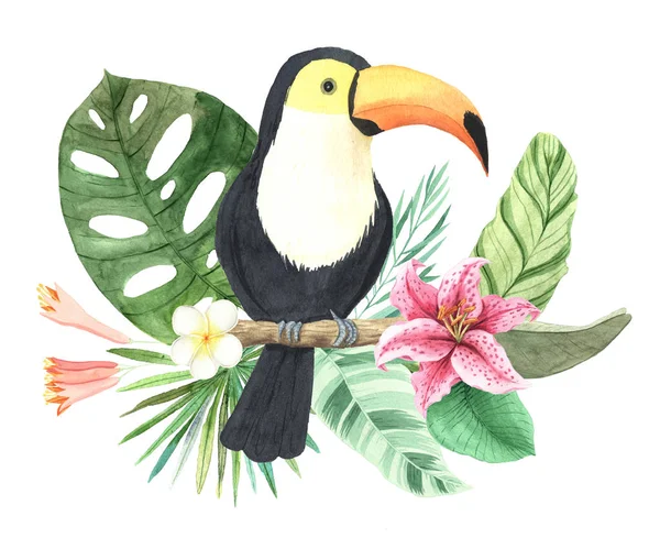 Watercolor tropical flowers and toucan composition — Stock Photo, Image