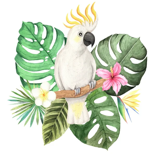 Aquarell tropische Blumen- und Papageienkomposition — Stockfoto
