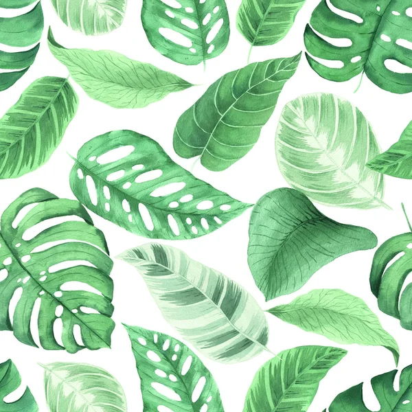 Seamless pattern with watercolor green leaves