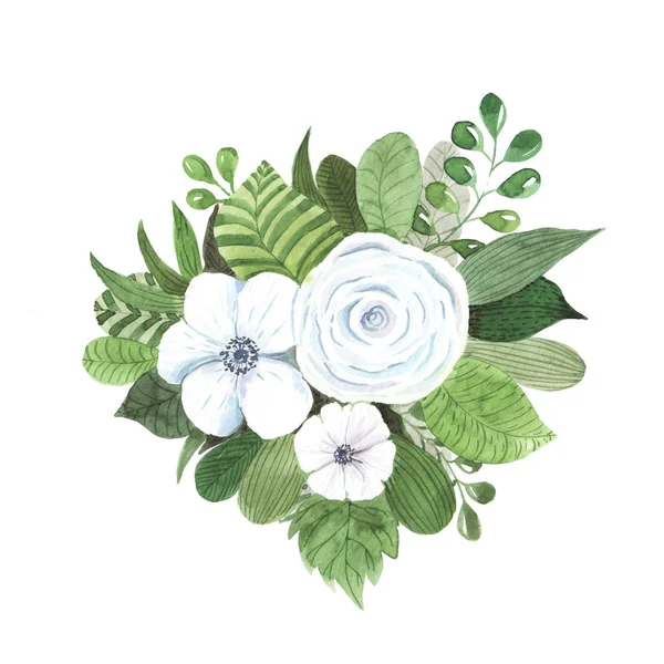Set of hand painted watercolor white flowers — Fotografia de Stock