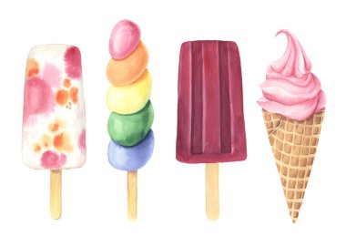 Beyaz arka planda izole edilmiş suluboya meyve vitamini ve lezzetli dondurma seti. Renkli tatlı yaz buzlu tatlı bölümü menü tasarımı ya da poster yapımı için mükemmel