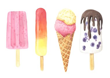 Beyaz arka planda izole edilmiş suluboya meyve vitamini ve lezzetli dondurma seti. Renkli tatlı yaz buzlu tatlı bölümü menü tasarımı ya da poster yapımı için mükemmel