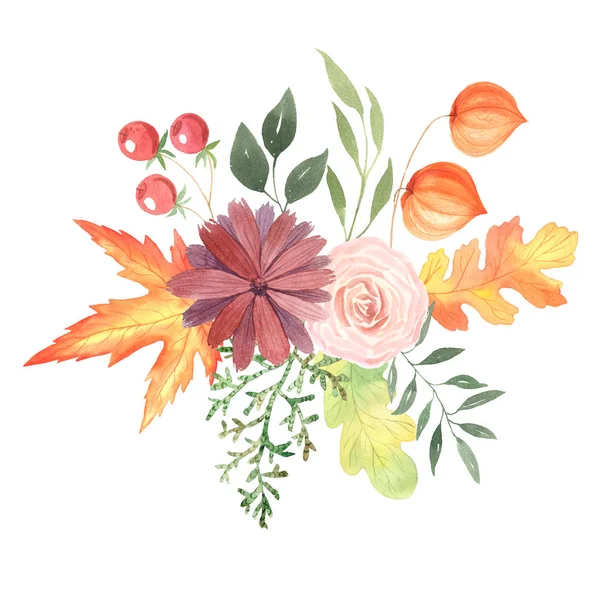 Set Watercolor Fall Flowers Branches Orange Leaves Red Berries Other — Stock Photo, Image