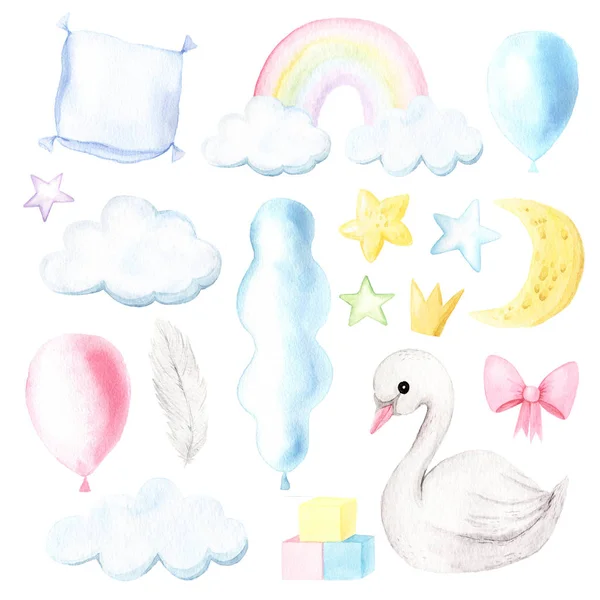 Watercolor Hand Painted Newborn Baby Elements Cute Cartoon Swan Rainbow — Stock Photo, Image