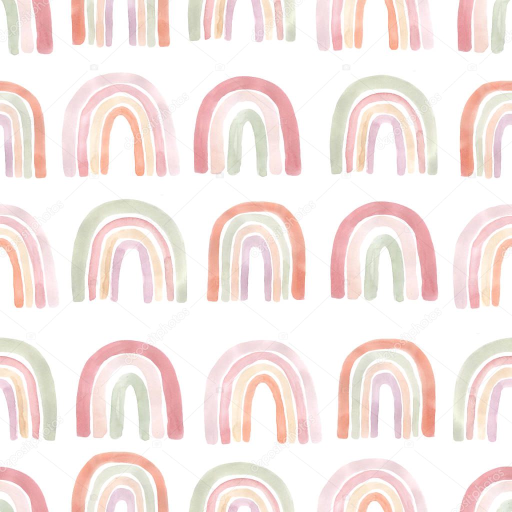 Watercolor seamless pattern with freehand aesthetic rainbows in warm pastel colors. Abstract modern collage background perfect for baby fabric textile, wrapping paper and other projects