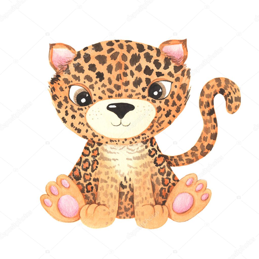 Watercolor cute cartoon leopard animal character isolated on white. Hand painted exotic tropical little baby cat perfect for nursery print poster design and baby shower card making 