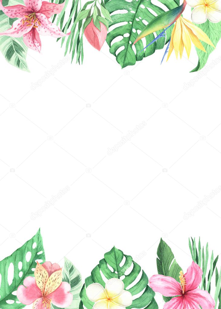 Watercolor hand painted tropical frame with pink and red flowers, green leaves and plants. Bright jungle foliage blank card template perfect for summer wedding invitation and party design making