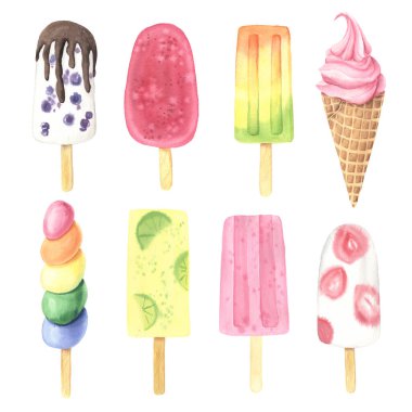 Beyaz arka planda izole edilmiş suluboya meyve vitamini ve lezzetli dondurma seti. Renkli tatlı yaz buzlu tatlı bölümü menü tasarımı ya da poster yapımı için mükemmel