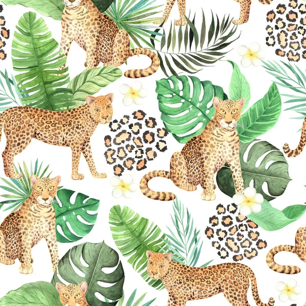 水彩无缝图案与野生丛林豹动物和绿叶 水仙花 手绘异国情调的现实背景 热带猫非常适合面料 纺织品和包装纸 — 图库照片