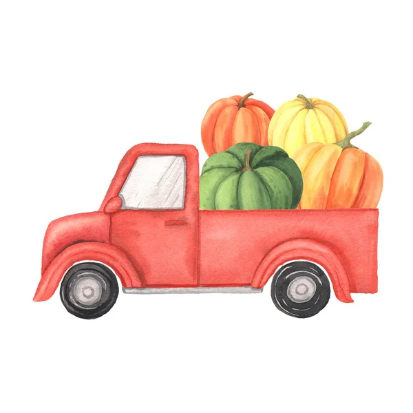 Καρτούν Καρτούν Κόκκινο Φορτηγό Συγκομιδή Κολοκύθα Λαχανικά Χειροποίητη Ρετρό Εικονογράφηση — Φωτογραφία Αρχείου