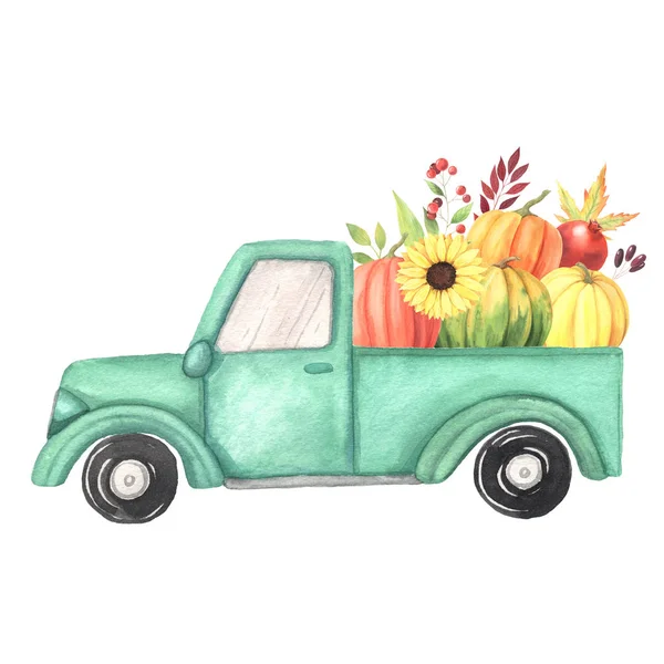 Camion Aquarelle Dessin Animé Turquoise Avec Récolte Légumes Citrouille Illustration — Photo