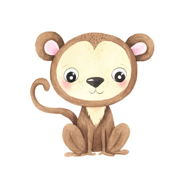 Watercolor cute cartoon monkey animal character isolated on white. Hand painted exotic tropical little baby cat perfect for nursery print poster design and baby shower card makin