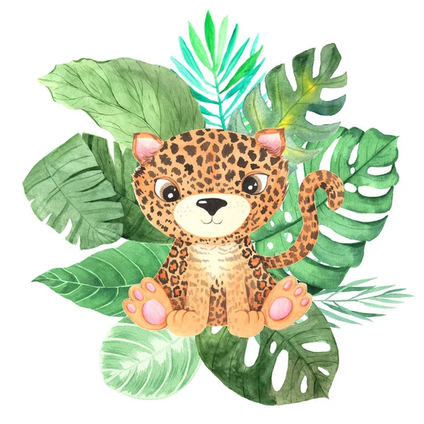 Akwarela Cute Leopard Kreskówki Charakter Zwierząt Zieloną Palmą Tropikalną Liści — Zdjęcie stockowe