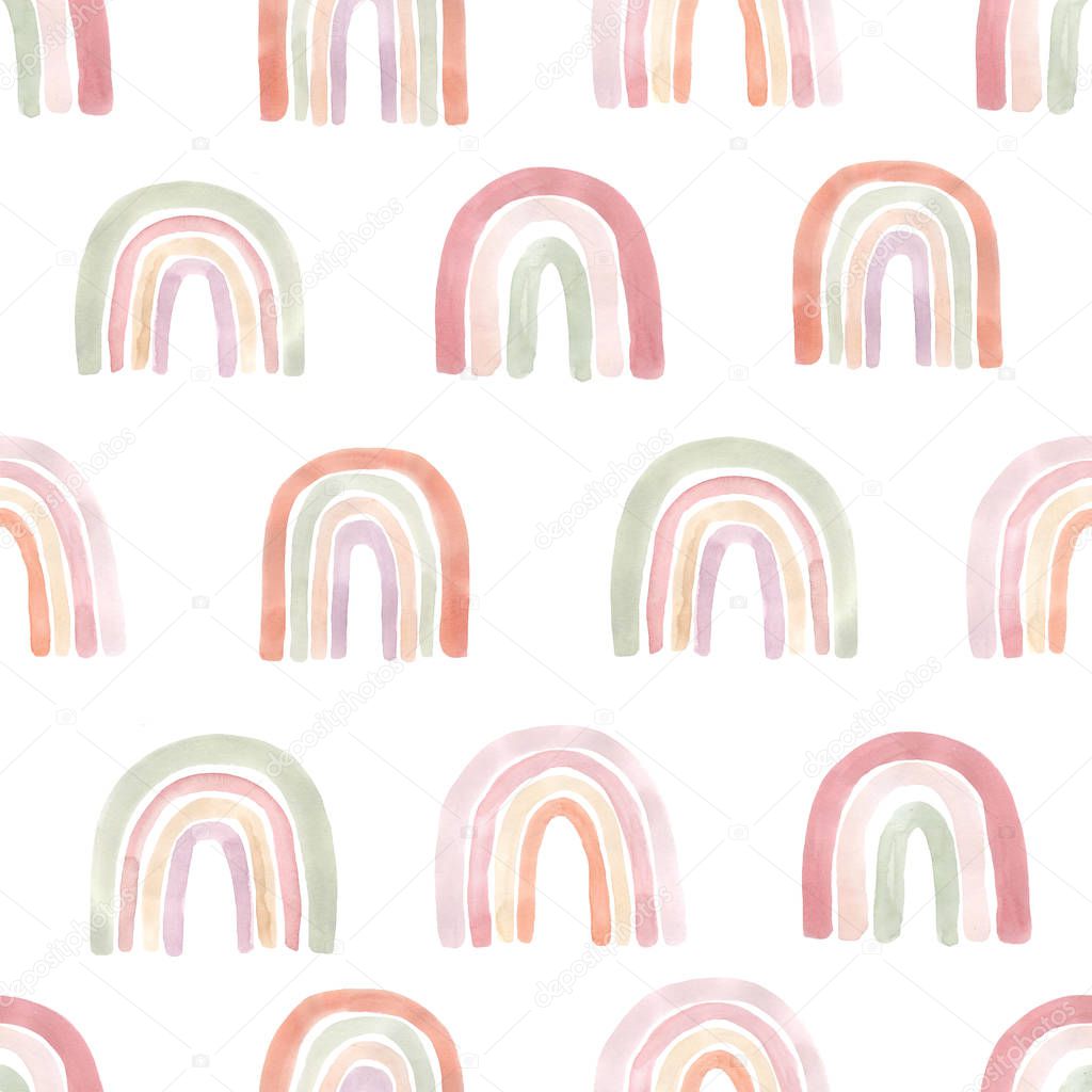 Watercolor seamless pattern with freehand aesthetic rainbows in warm pastel colors. Abstract modern collage background perfect for baby fabric textile, wrapping paper and other projects