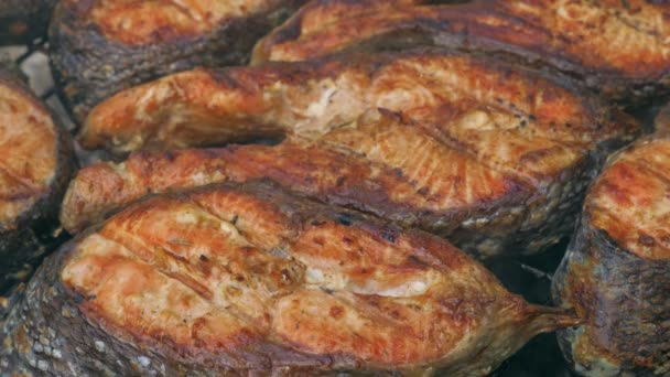 Fried grilled salmon on bbq. Marinade from white sauce and lemon. — Stock Footage Fried grilled salmon on bbq. Marinade from white sauce and lemon. Stock Video
