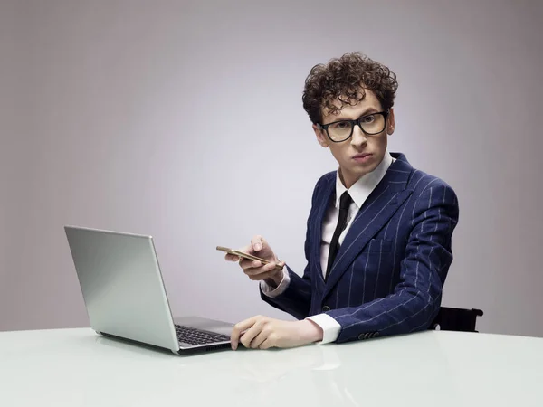 Funny businessman with laptop — Stock Photo, Image
