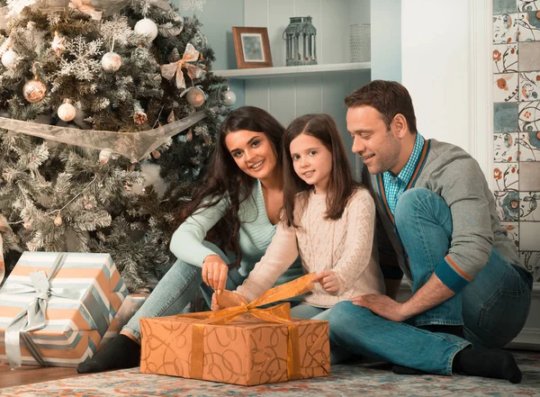 Familia se reúnen cerca del árbol de Navidad — Foto de Stock