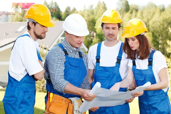 Construtores em hardhats com planta — Fotografia de Stock