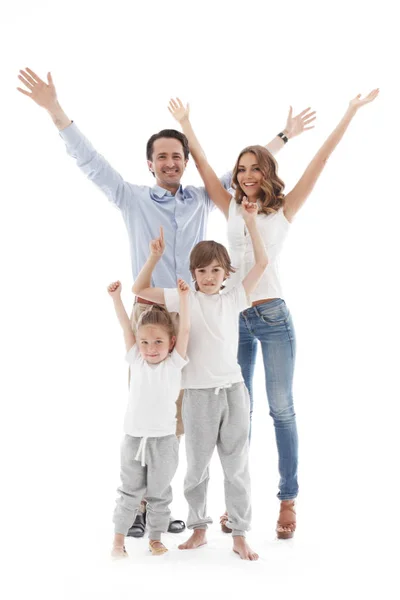 Сім'я з піднятими руками на білому — стокове фото