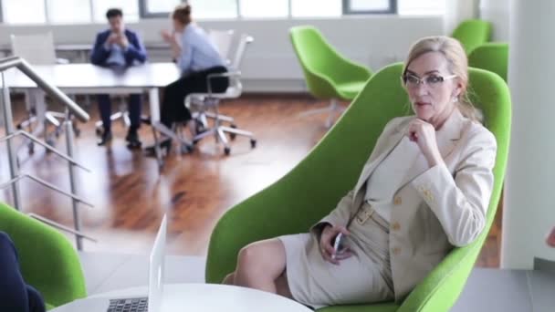 オフィスホールのアームチェアに一緒に座ってディスカッションをするビジネスマン — ストック動画