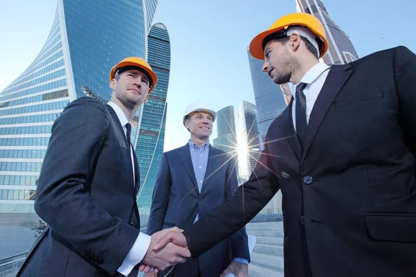 Team Successful Young Engineers Business Partners Shaking Hands Meeting Construction — Stock Photo, Image