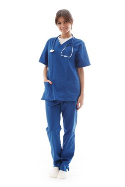 Tıbbi kişi, hemşire ya da genç doktor portresi. Beyaz arka planda izole edilmiş kendine güvenen genç bir kadın..