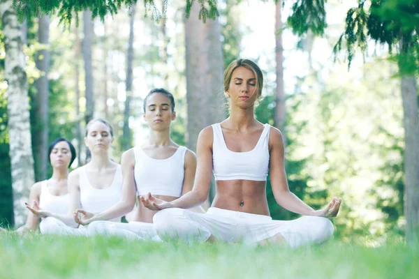 公园集体瑜伽训练期间 身穿白色运动服的女性坐在荷花的位置上 — 图库照片