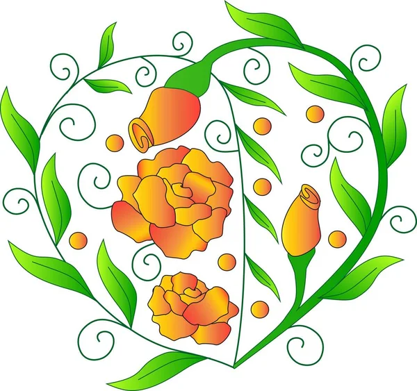 Herz aus Grüntönen, orangefarbene Rosen, das Bild zum Valentinstag, grüne Blätter, eine Vektorpflanze, — Stockvektor