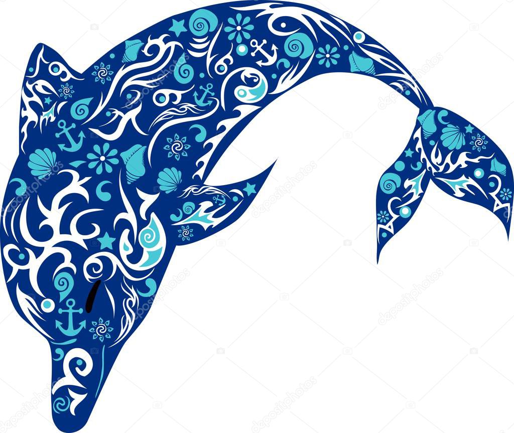 Dolphin with patterns, a marine animal, the jumping fish, wild fauna, a mammal illustration, the vector drawing