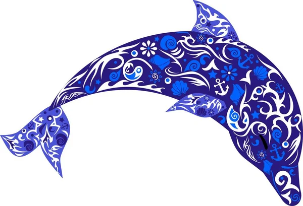 Delphin mit Mustern, ein Meerestier, der springende Fisch, wilde Fauna, eine Säugetier-Illustration, die Vektorzeichnung — Stockvektor