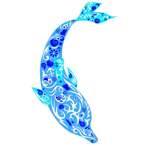 Der Delfin mit der Zeichnung, ein Säugetier schwimmt herunter, ein Meerestier, ein Vektor — Stockvektor