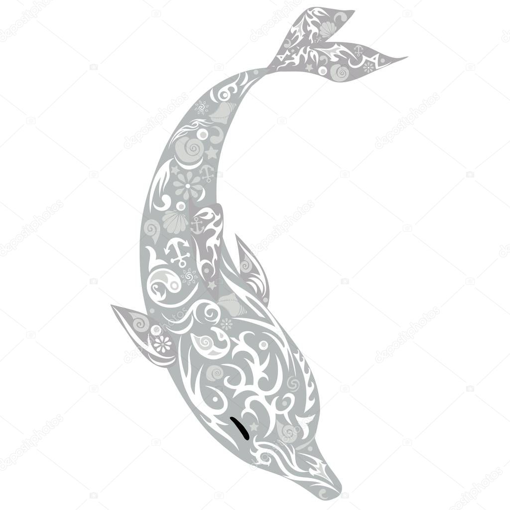 The dolphin with the drawing, a mammal floats down, a marine animal, a vector 