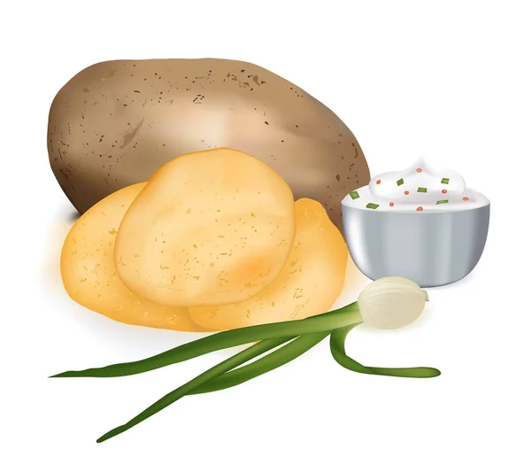 Crema agria con cebolla, plumas verdes, cerámica, crema, patatas fritas con aditivos — Vector de stock