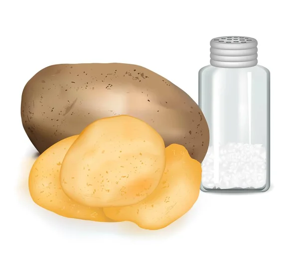 Croustilles de pommes de terre au sel, collation savoureuse, nourriture vectorielle, une salière en verre — Image vectorielle