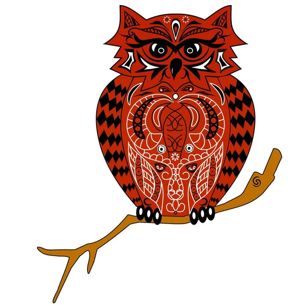 Sova sedí na větvi, ilustrace sova Orlí vzorek, stylizovaného ptáka, design z květů a čáry, zvířecí tetování — Stockový vektor