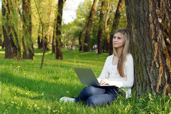Genç kız park içinde laptop ile çalışma