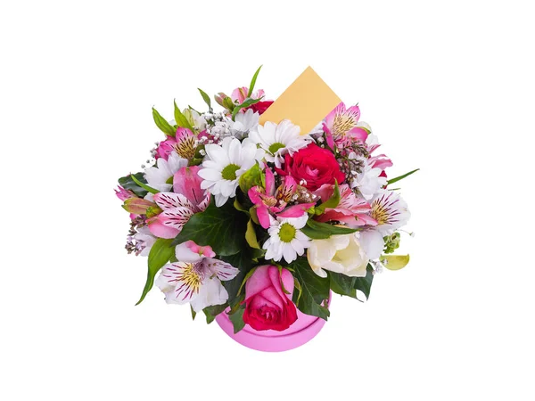 Bouquet of flowers with a greeting card. — Stock Photo, Image