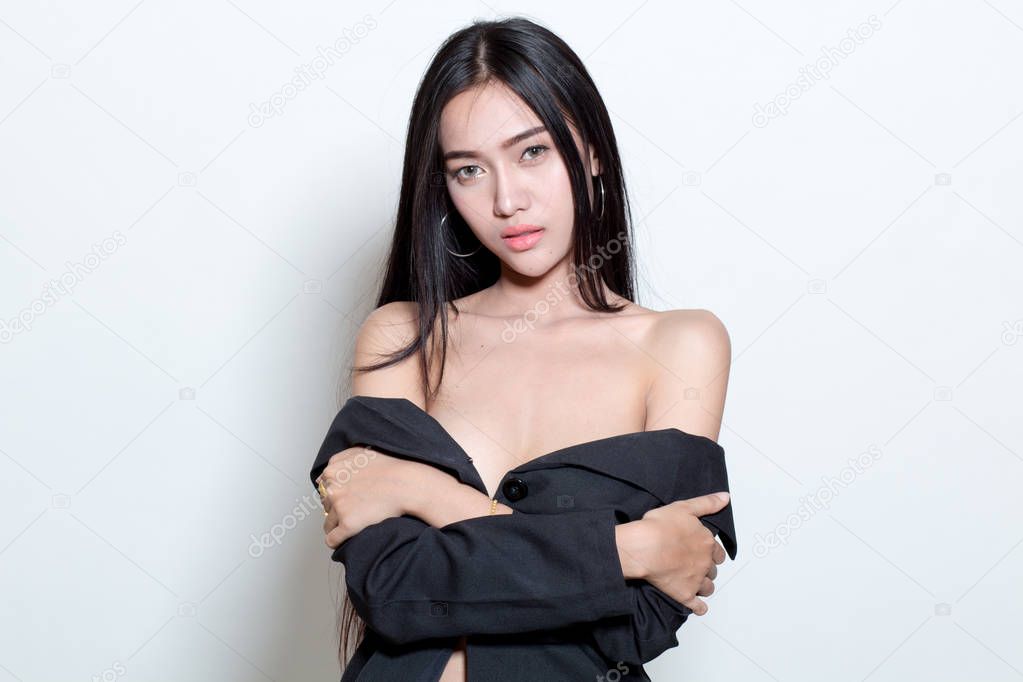 Beautiful slim body of asian women in studio with white backgrou
