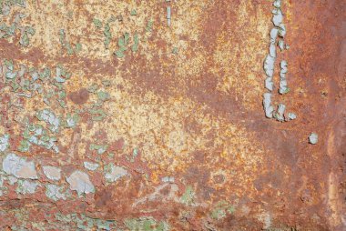 Paslı demir yüzeyi, eski boya kalıntıları, kırık boya, doku arka planı.