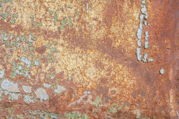 Paslı demir yüzeyi, eski boya kalıntıları, kırık boya, doku arka planı.