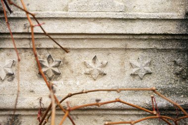 Dini semboller ile eski bir Yahudi Mezarlığı. Çiçekler bir arka plan üzerinde eski taşlar. Eski mücevher taşlarının sonbahar çiçek ve yaprakları ile birlikte güzel bir doku.