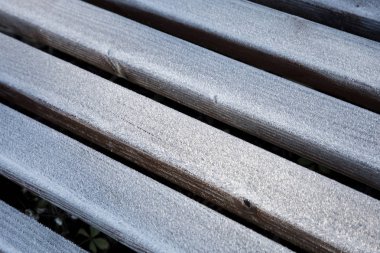 Fincan çay ahşap Bank kar mornimg hoarfrost kaplı